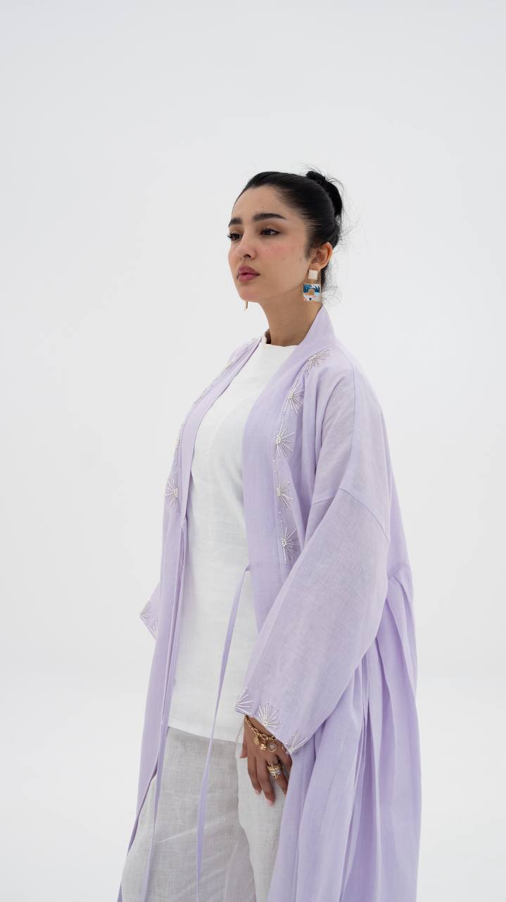 Light purple linen abaya with hand-stitched details (1921)