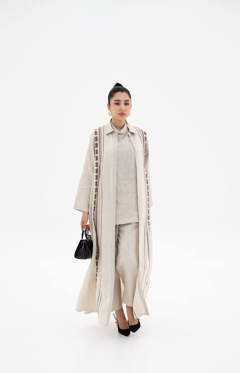 Beige linen abaya with embroidery (1924)