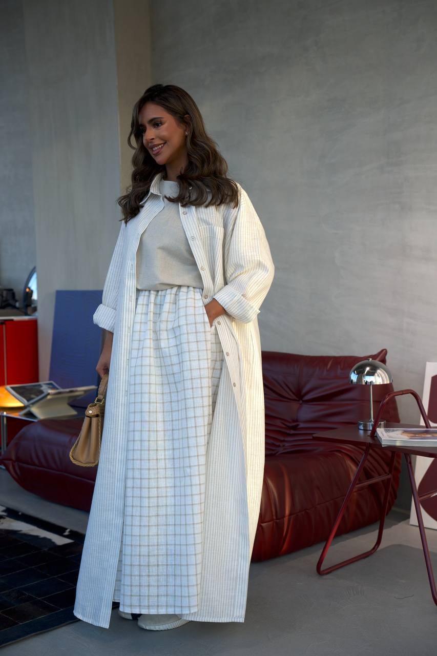 White Linen Abaya with Beige Stripes-free size