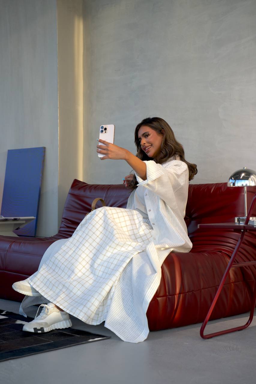 White Linen Abaya with Beige Stripes-free size