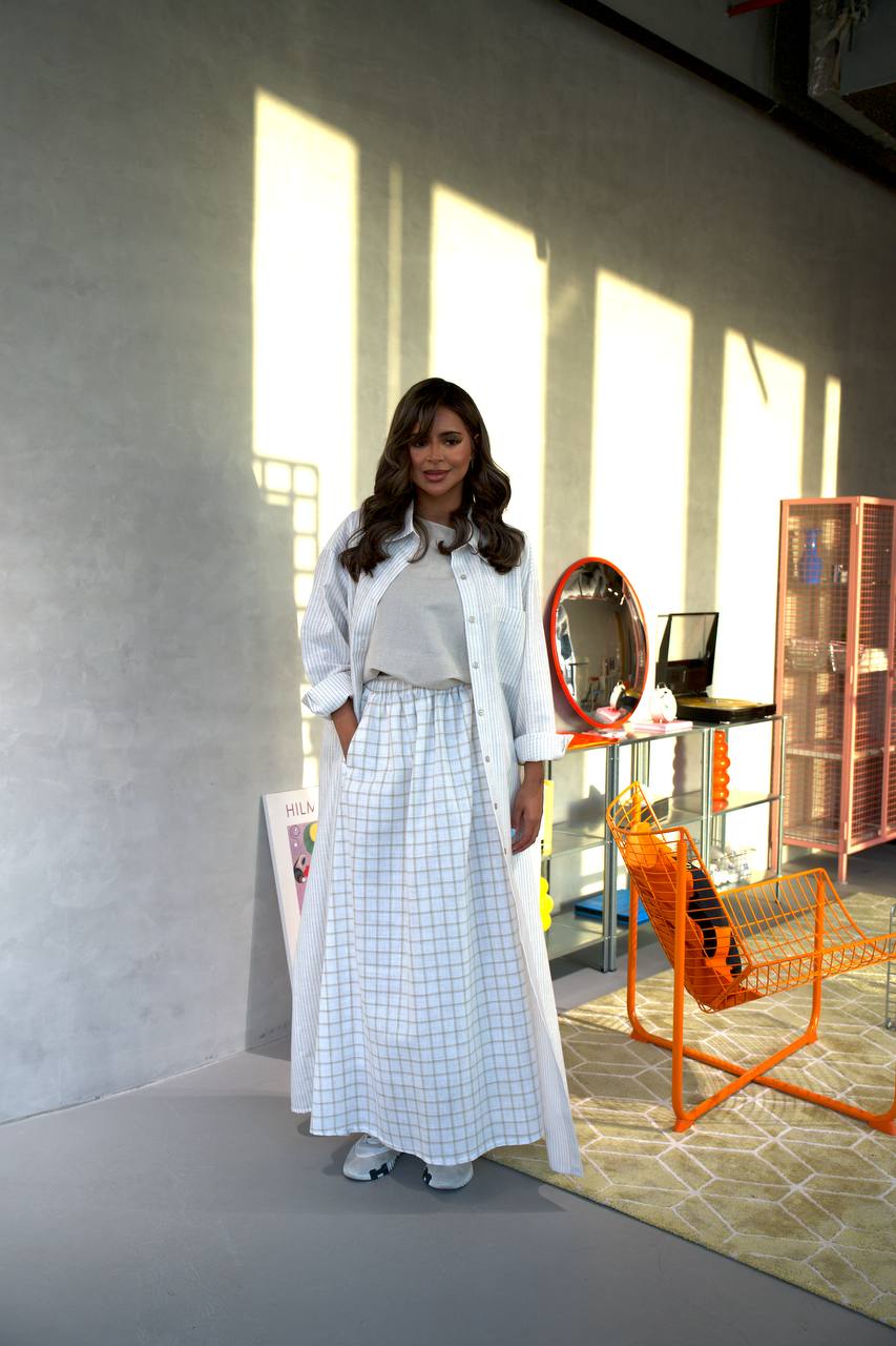 White Linen Abaya with Beige Stripes-free size