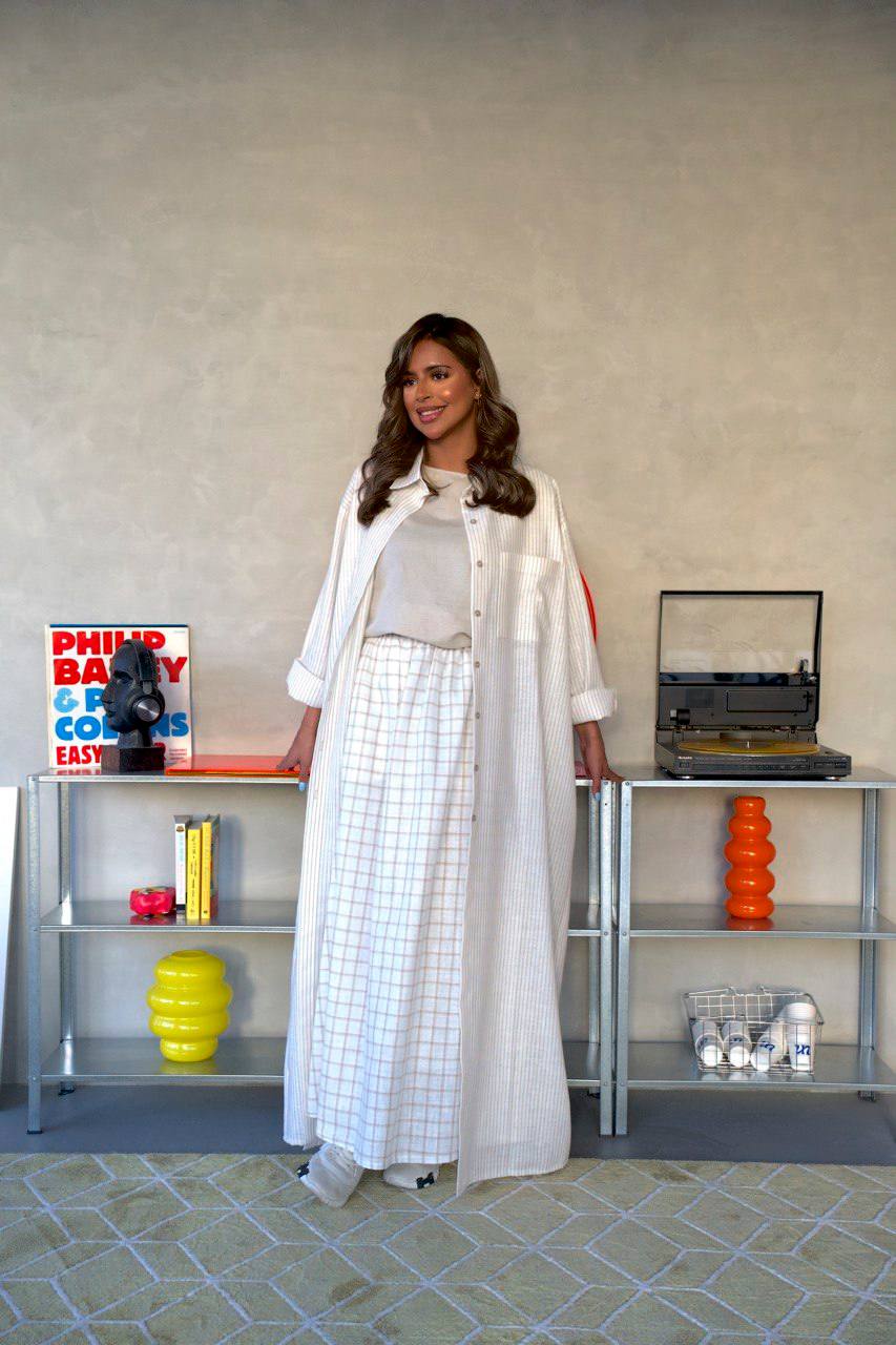 White Linen Abaya with Beige Stripes-free size