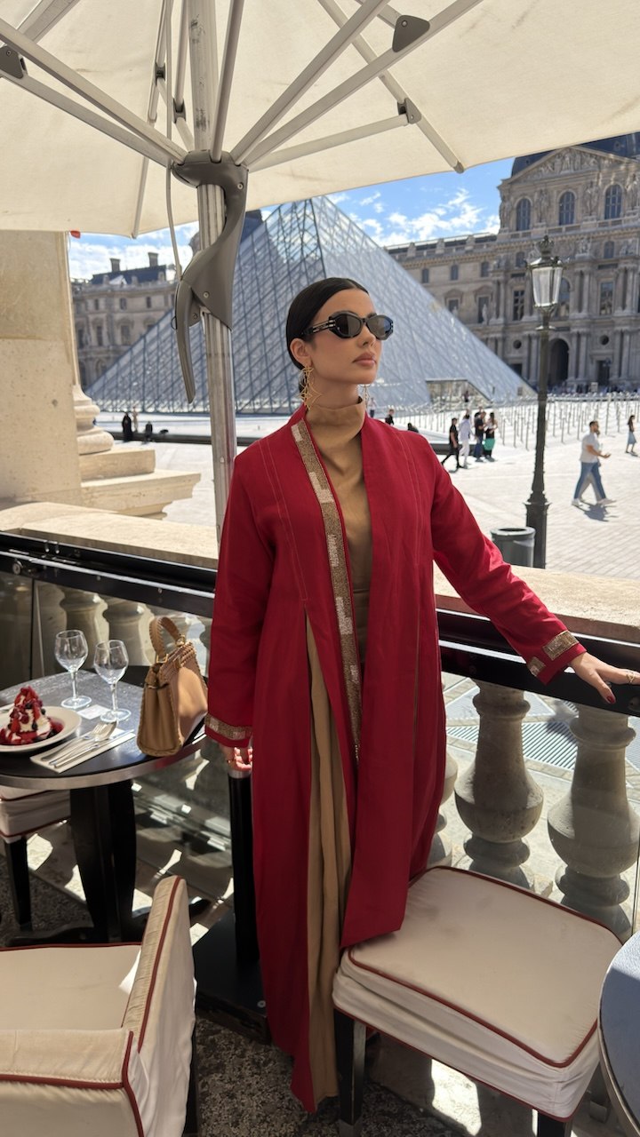 Cherry red linen abaya with beige trim-2032