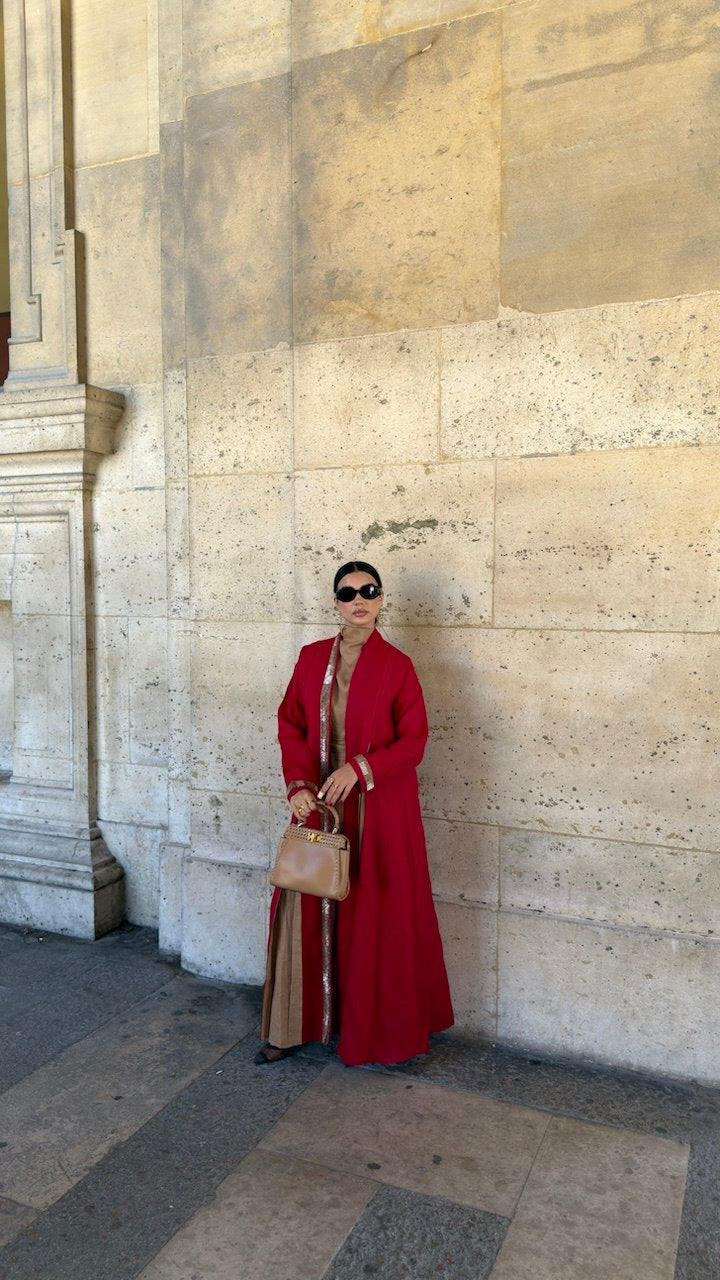 Cherry red linen abaya with beige trim-2032
