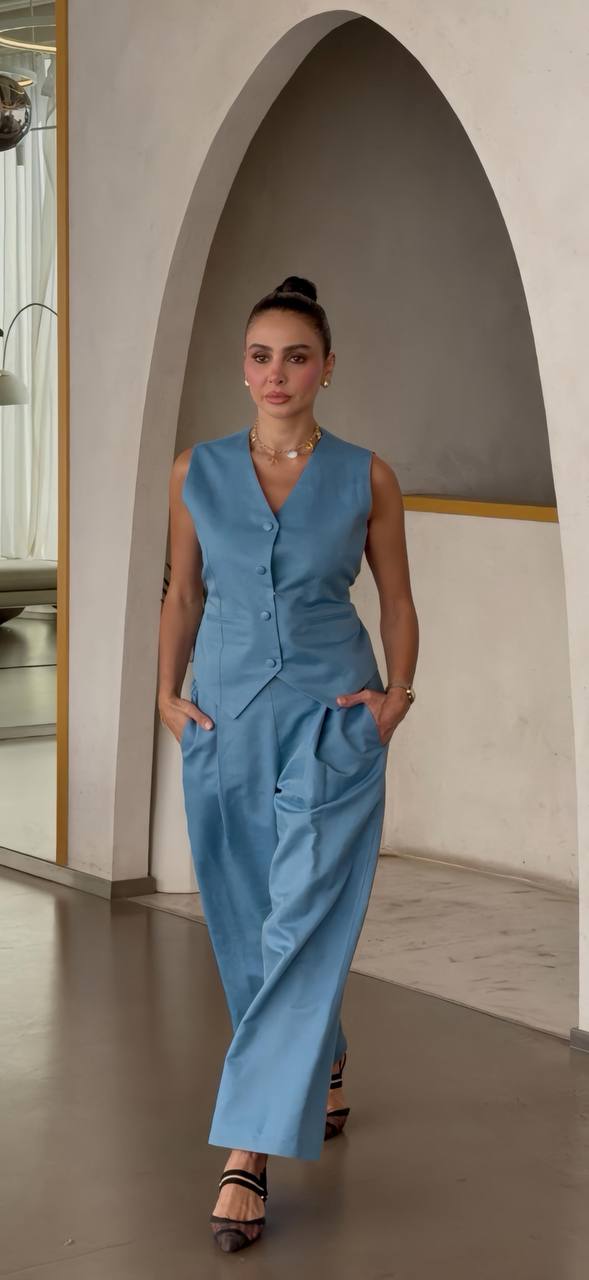 Blue Vest & Blue Linen Pants Set