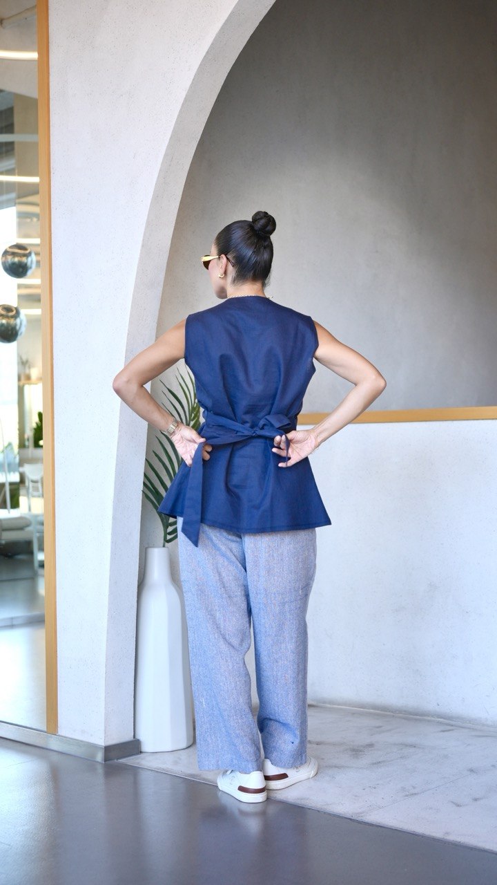 Navy Vest & blue denim Linen Pants Set-2029