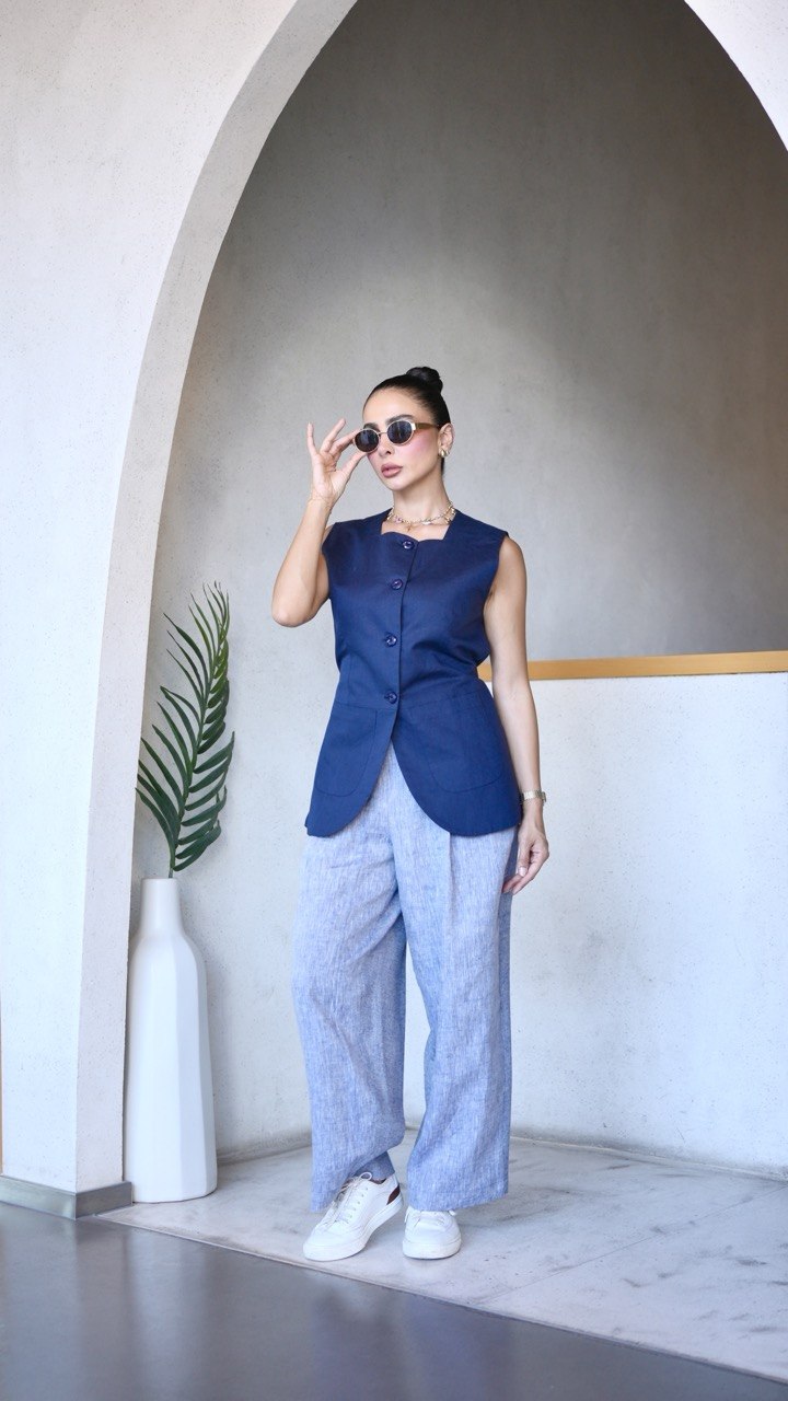 Navy Vest & blue denim Linen Pants Set-2029