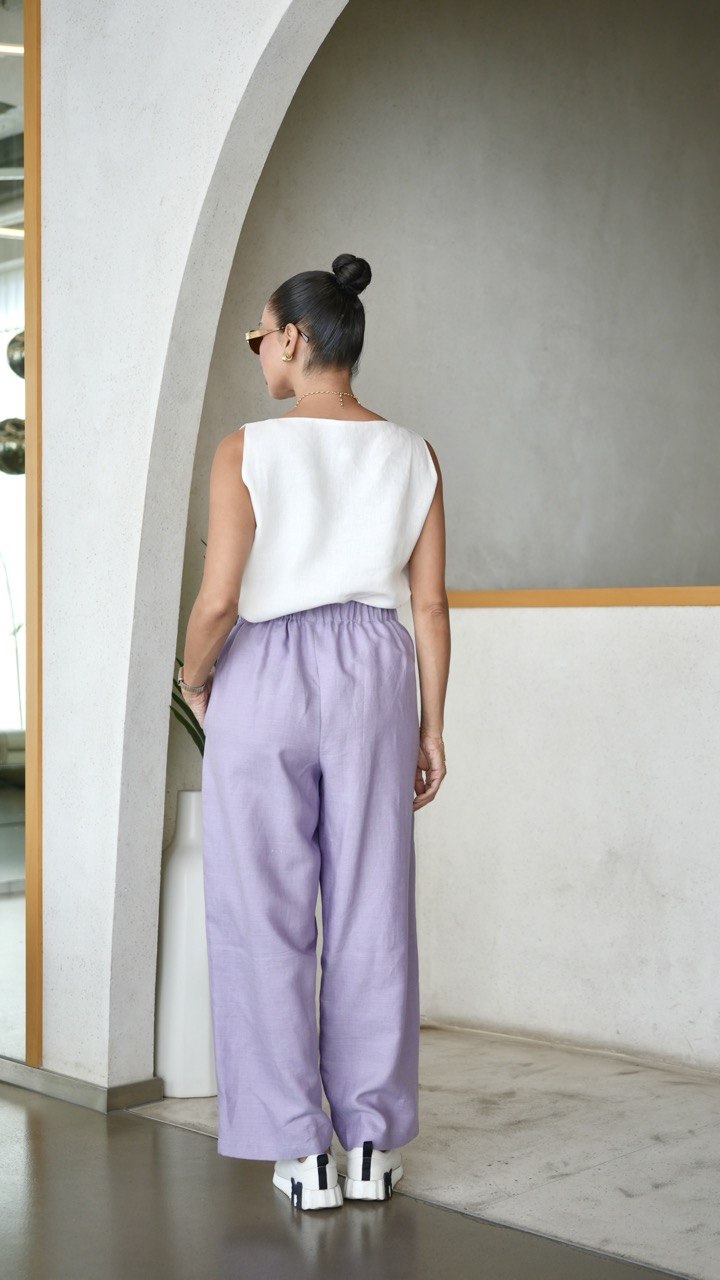 White Linen Top with purple Linen Pants Set