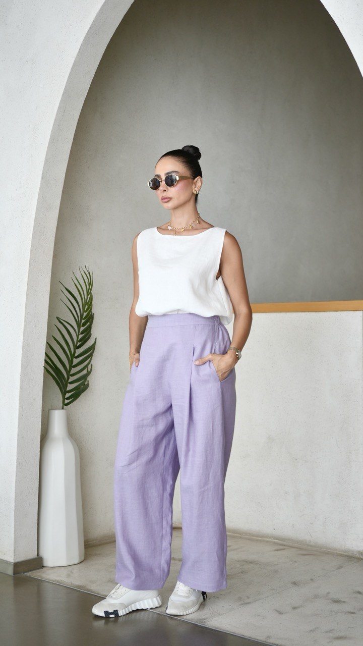 White Linen Top with purple Linen Pants Set