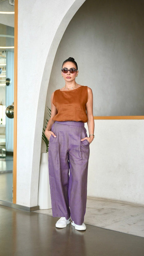 Camel Linen Blouse & purple Pants Set