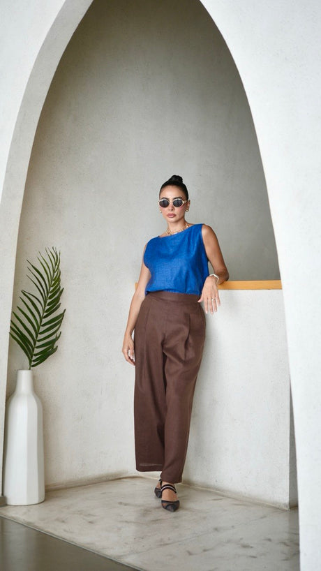 Blue Linen Blouse & brown Pants Set