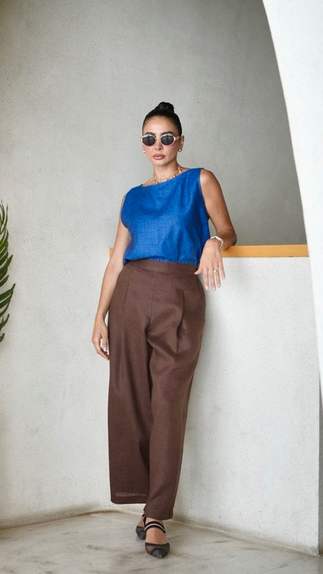 Blue Linen Blouse & brown Pants Set