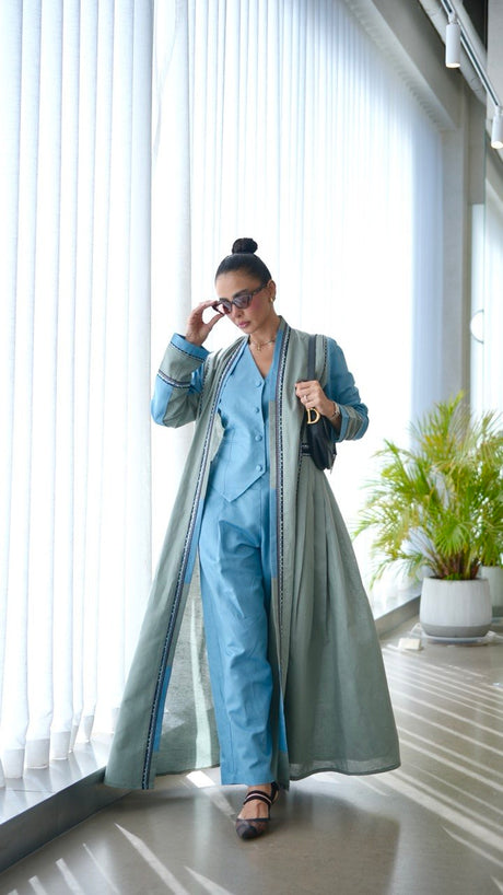 Light Green Linen Abaya with Blue Trim