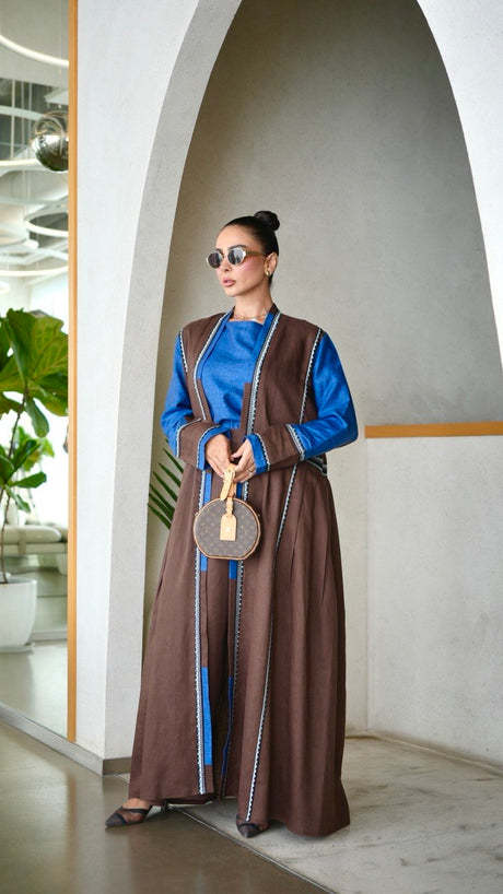 Brown and Blue linen Abaya
