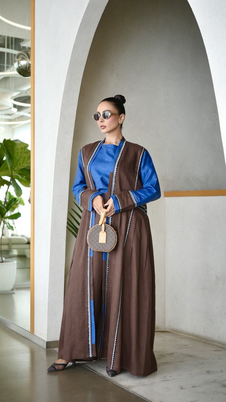 Brown and Blue linen Abaya