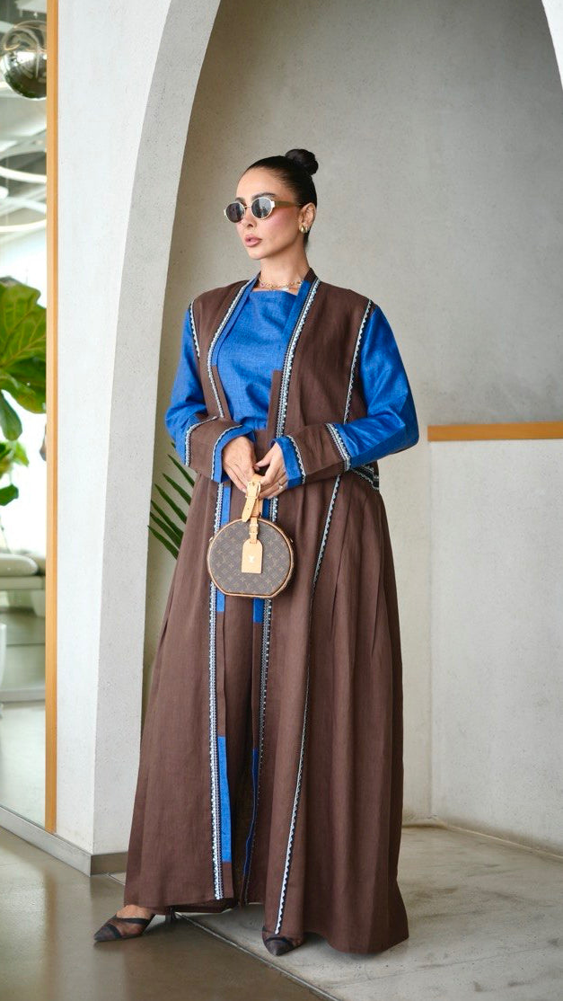Brown and Blue linen Abaya