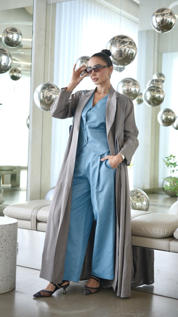 Beige Linen Abaya with Blue Trim
