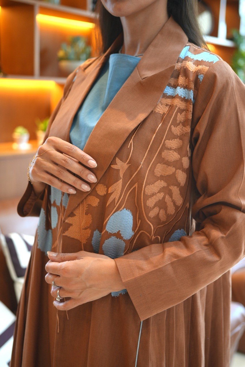 Camel Linen Abaya with Blue Embroidery