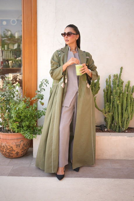 Olive green Linen Abaya with Embroidery