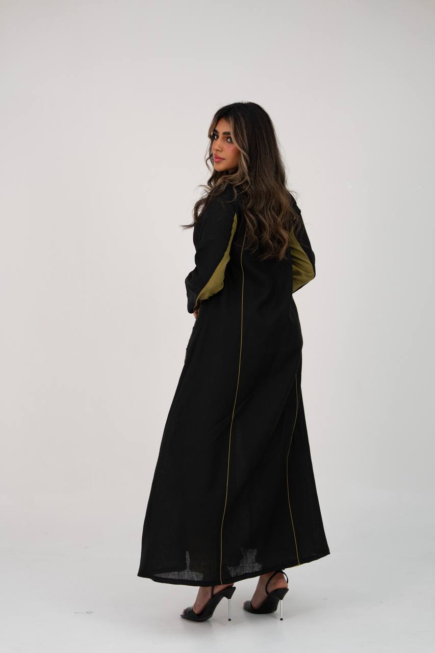 Linen abaya in black with hand embroidery
