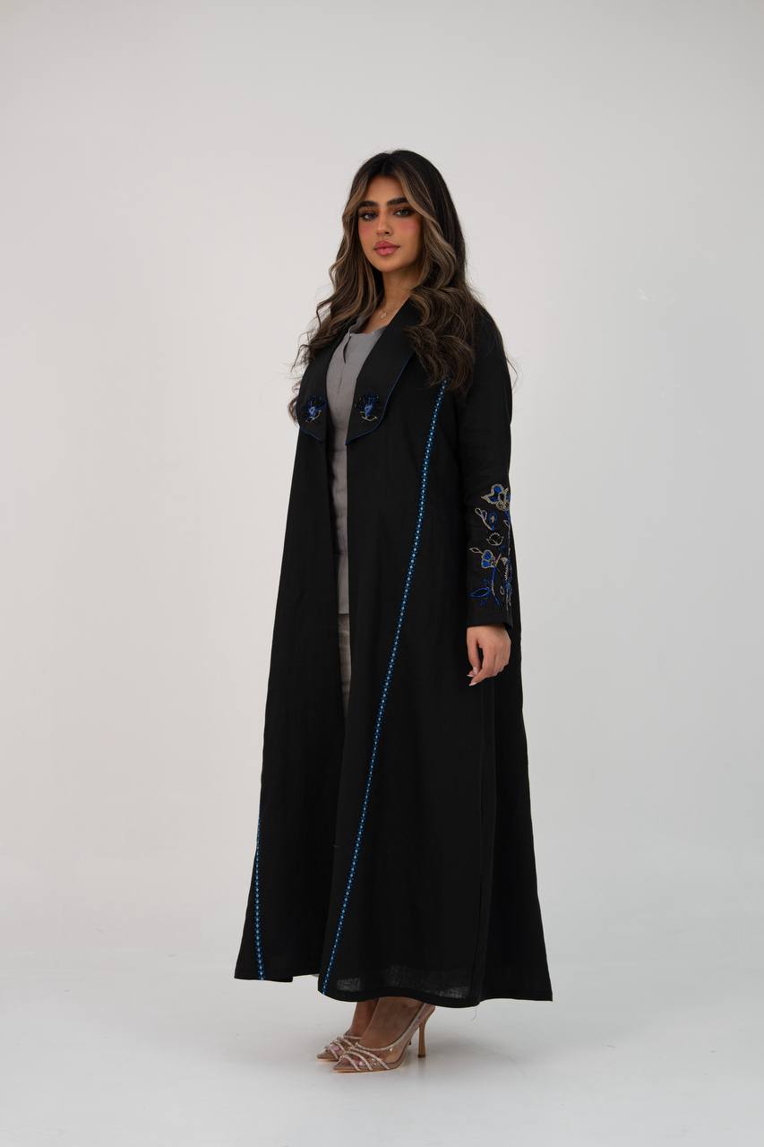 Black linen trench coat with hand embroidery and beading