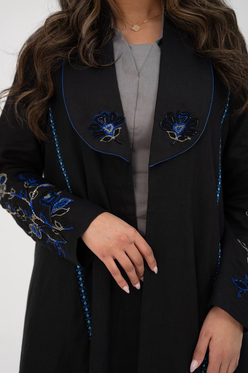 Black linen trench coat with hand embroidery and beading
