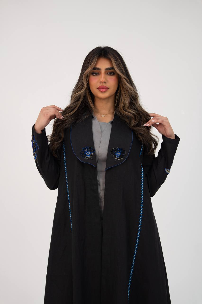 Black linen trench coat with hand embroidery and beading