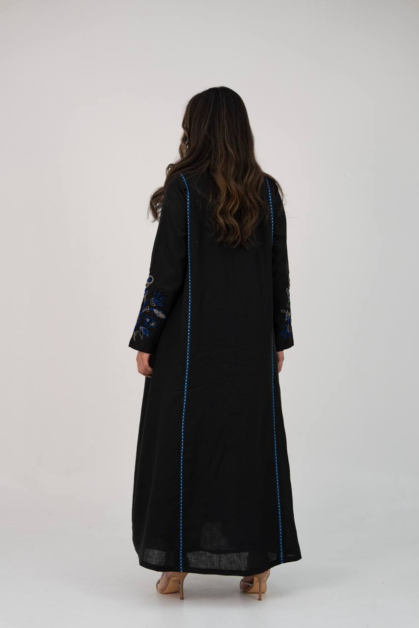Black linen trench coat with hand embroidery and beading