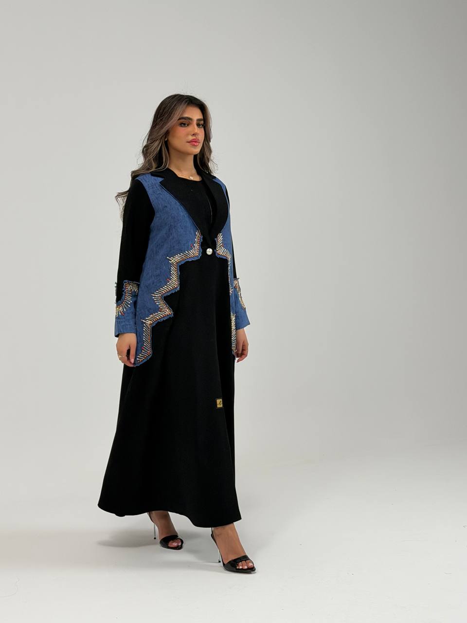 Black crepe blazer abaya with hand-stitched detail