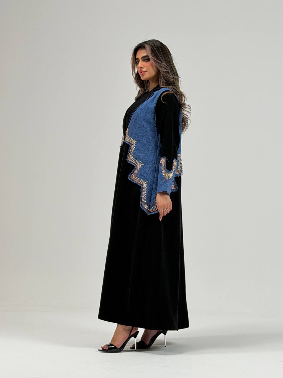 Black crepe blazer abaya with hand-stitched detail