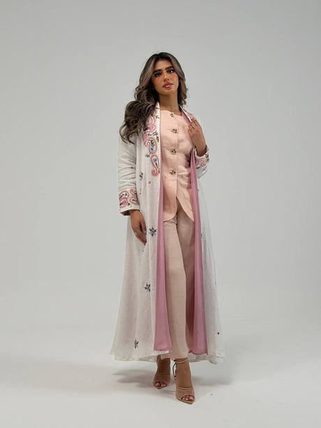 Linen abaya in light beige with embroidery