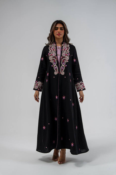 Linen abaya in black with embroidery