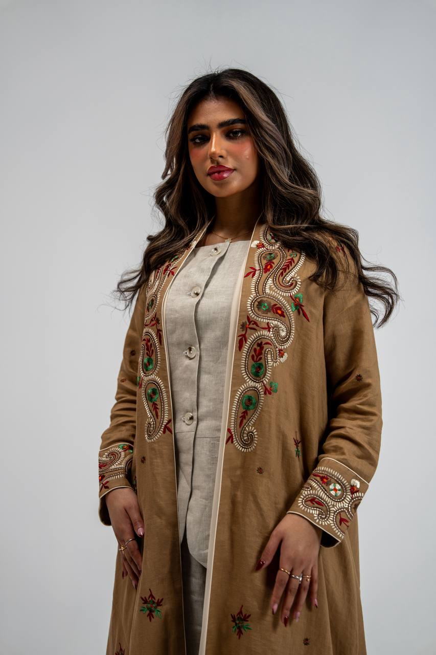 Beige linen abaya with embroidery