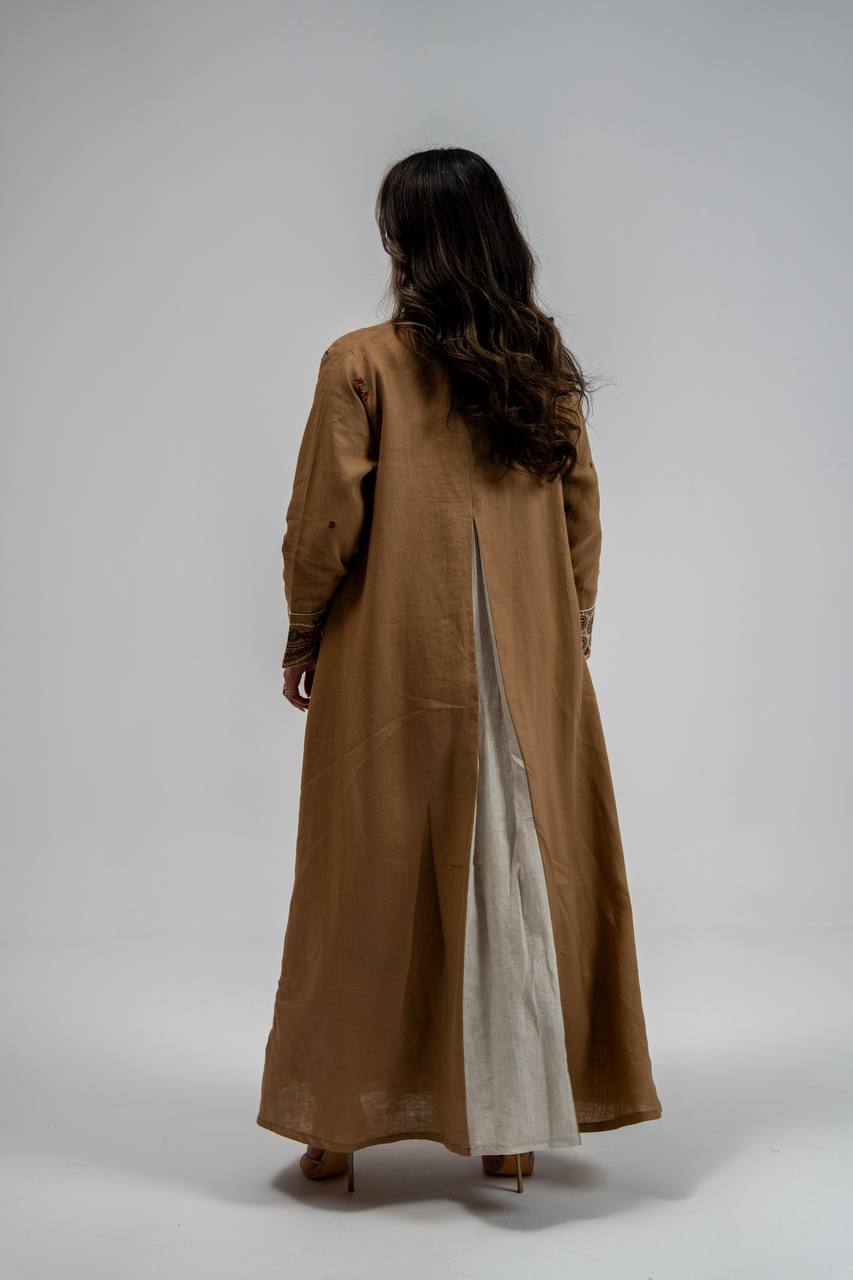 Beige linen abaya with embroidery