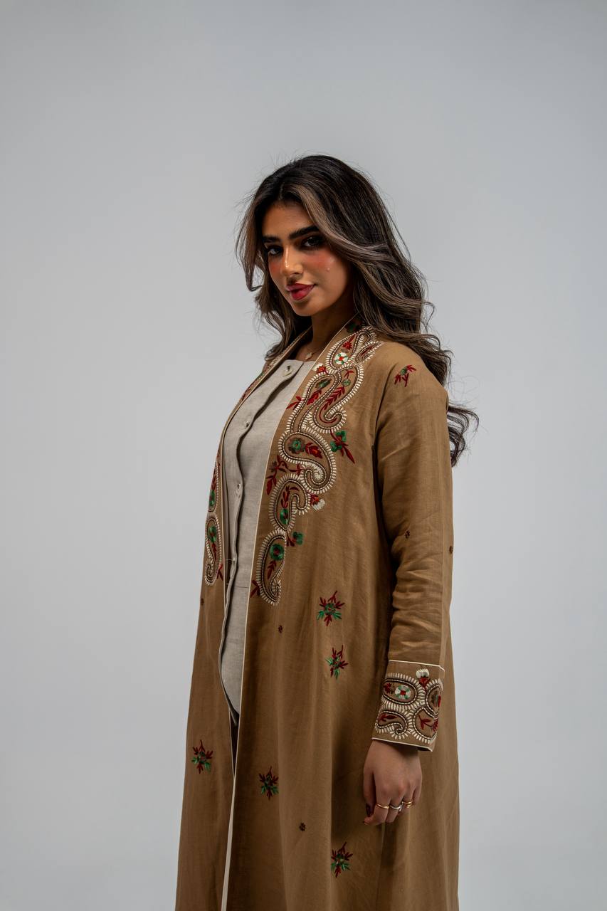 Beige linen abaya with embroidery
