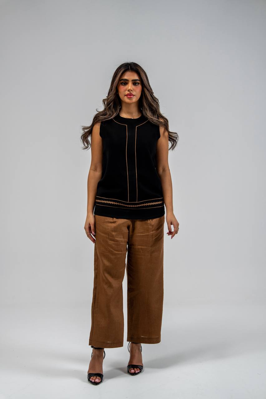 Black blouse and camel-colored pants set