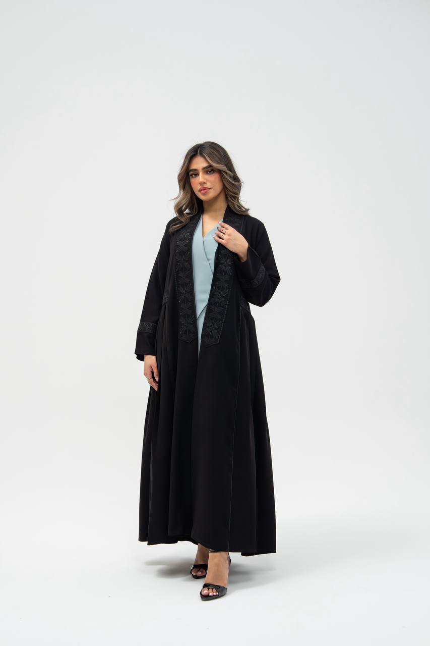 Black crepe abaya with hand-stitched details