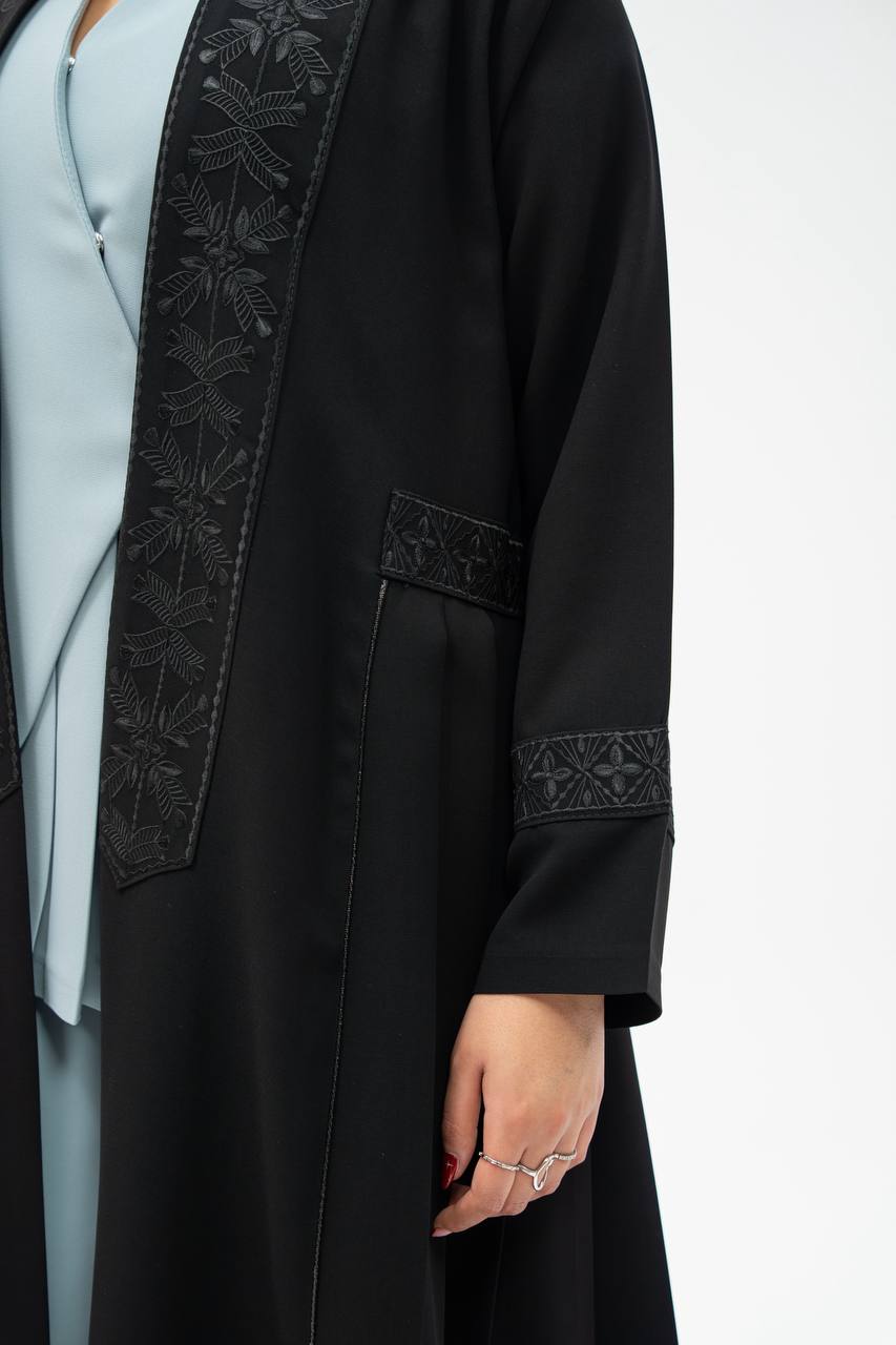 Black crepe abaya with hand-stitched details