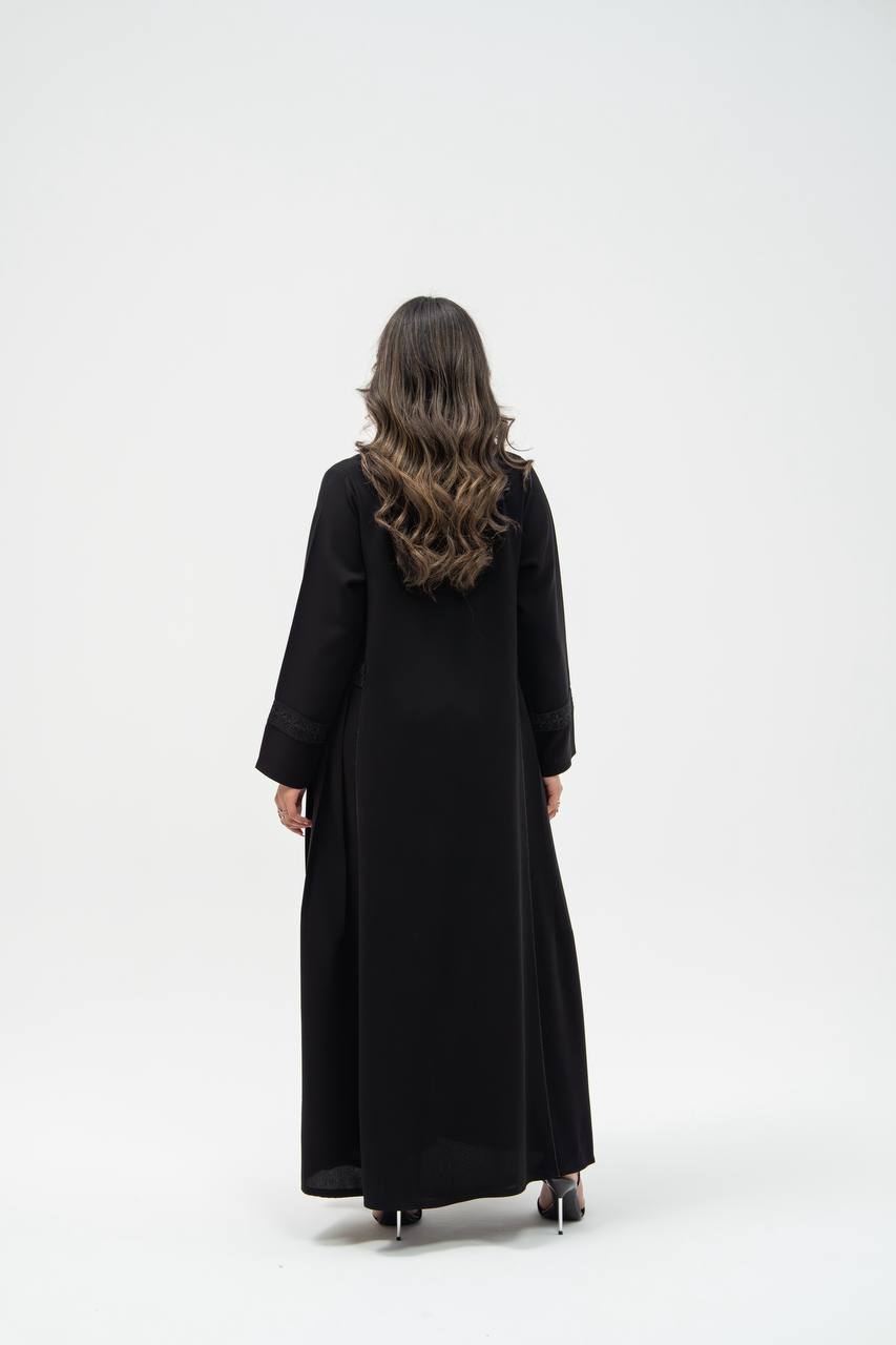 Black crepe abaya with hand-stitched details
