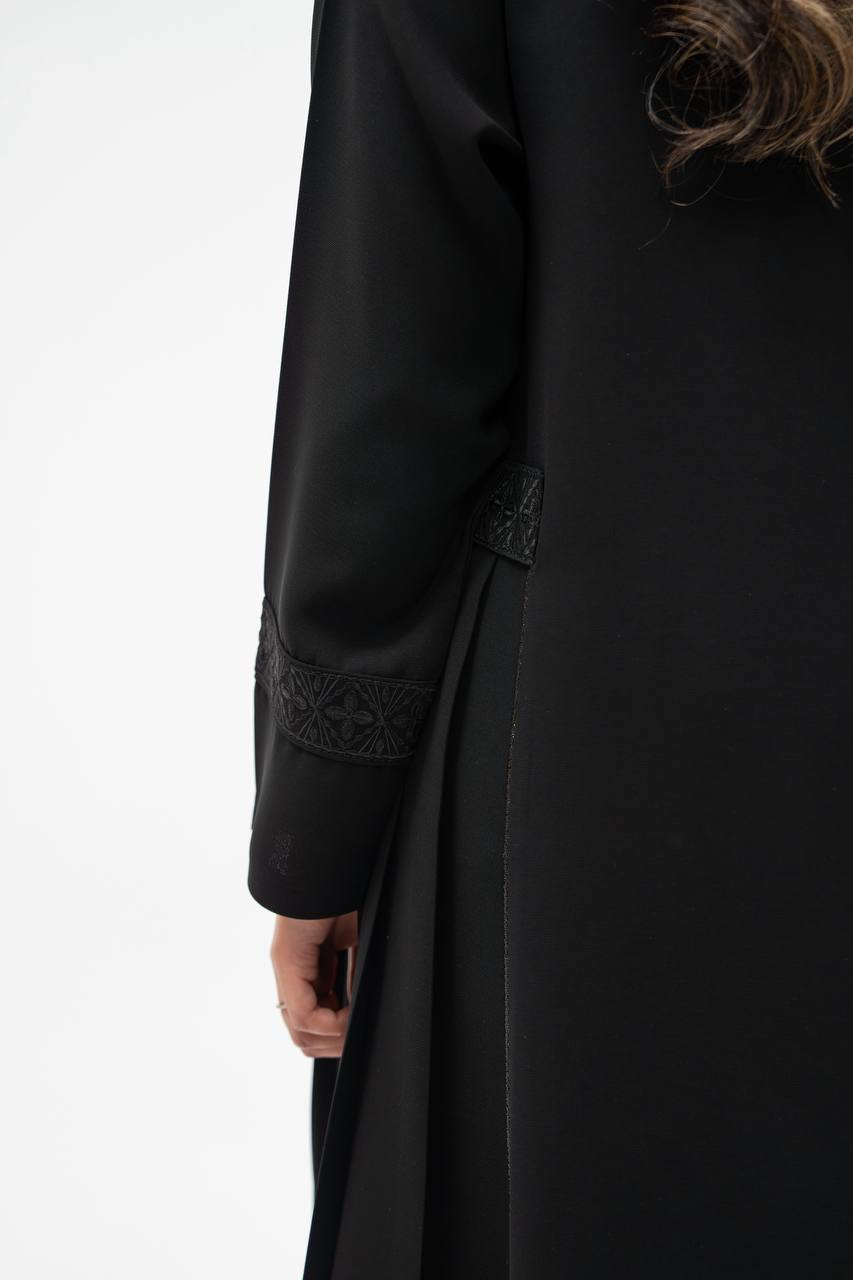 Black crepe abaya with hand-stitched details