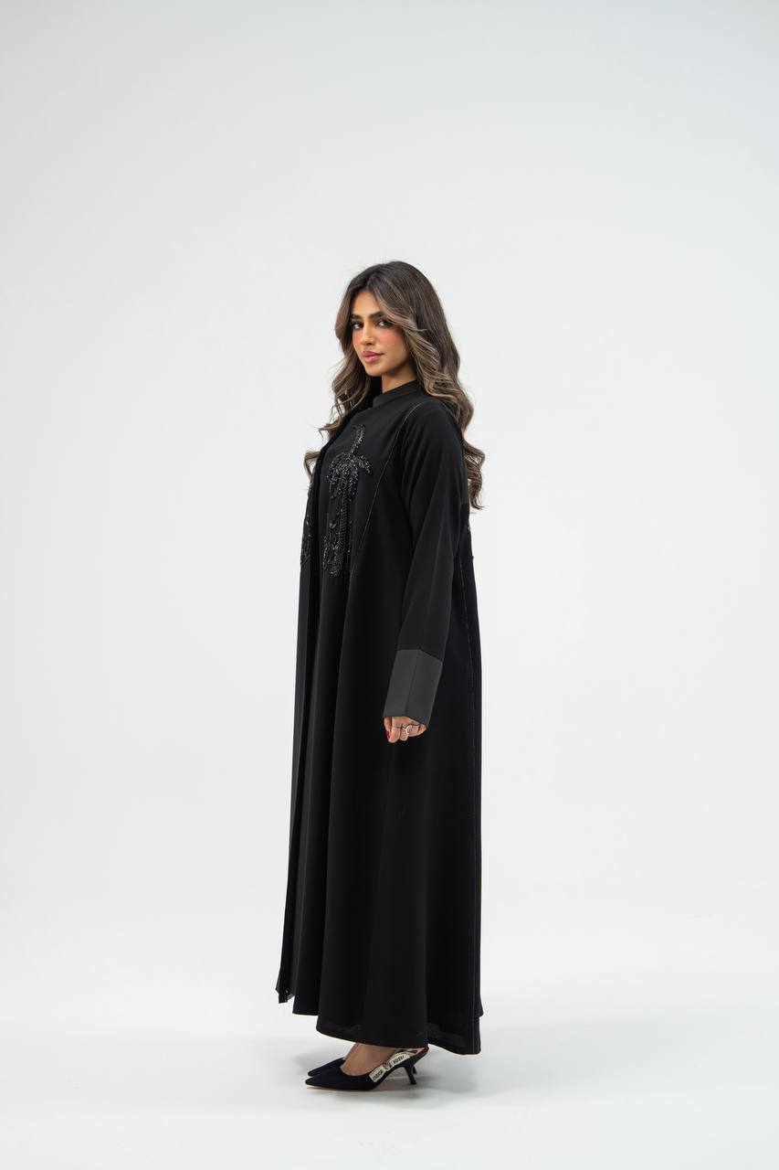 Black crepe abaya with hand-stitched details