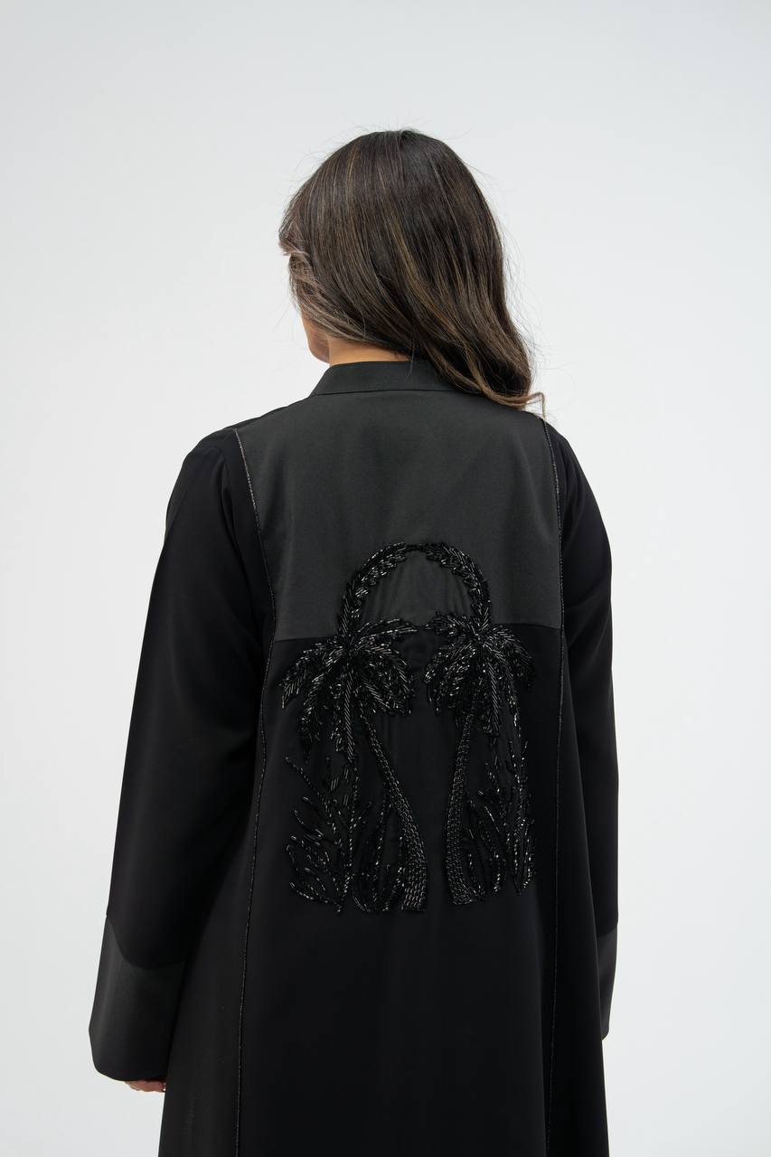 Black crepe abaya with hand-stitched details