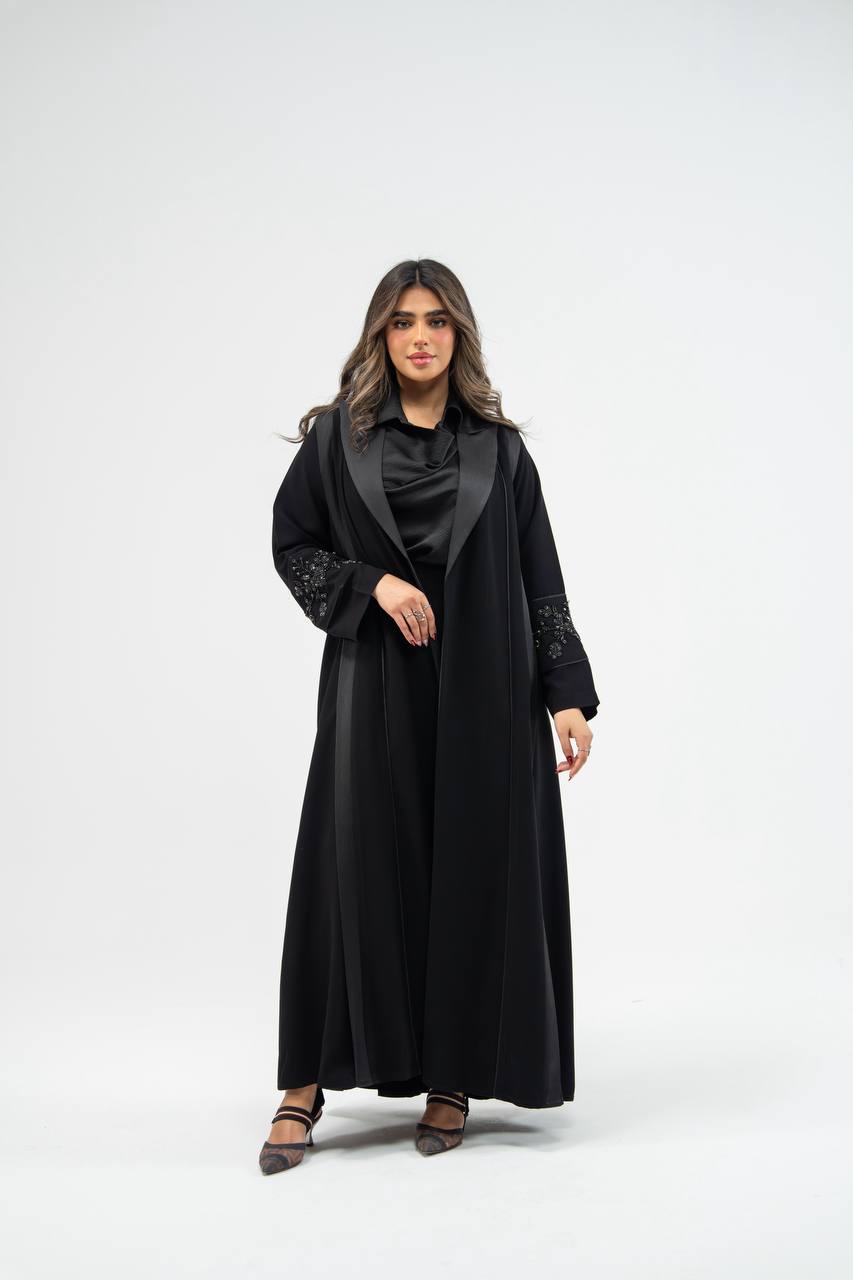 Black crepe fabric abaya with satin