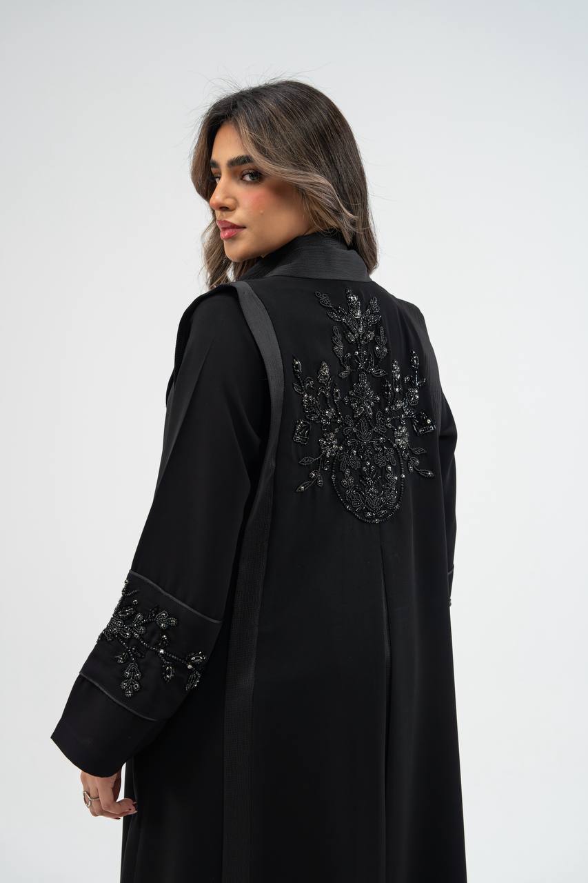 Black crepe fabric abaya with satin