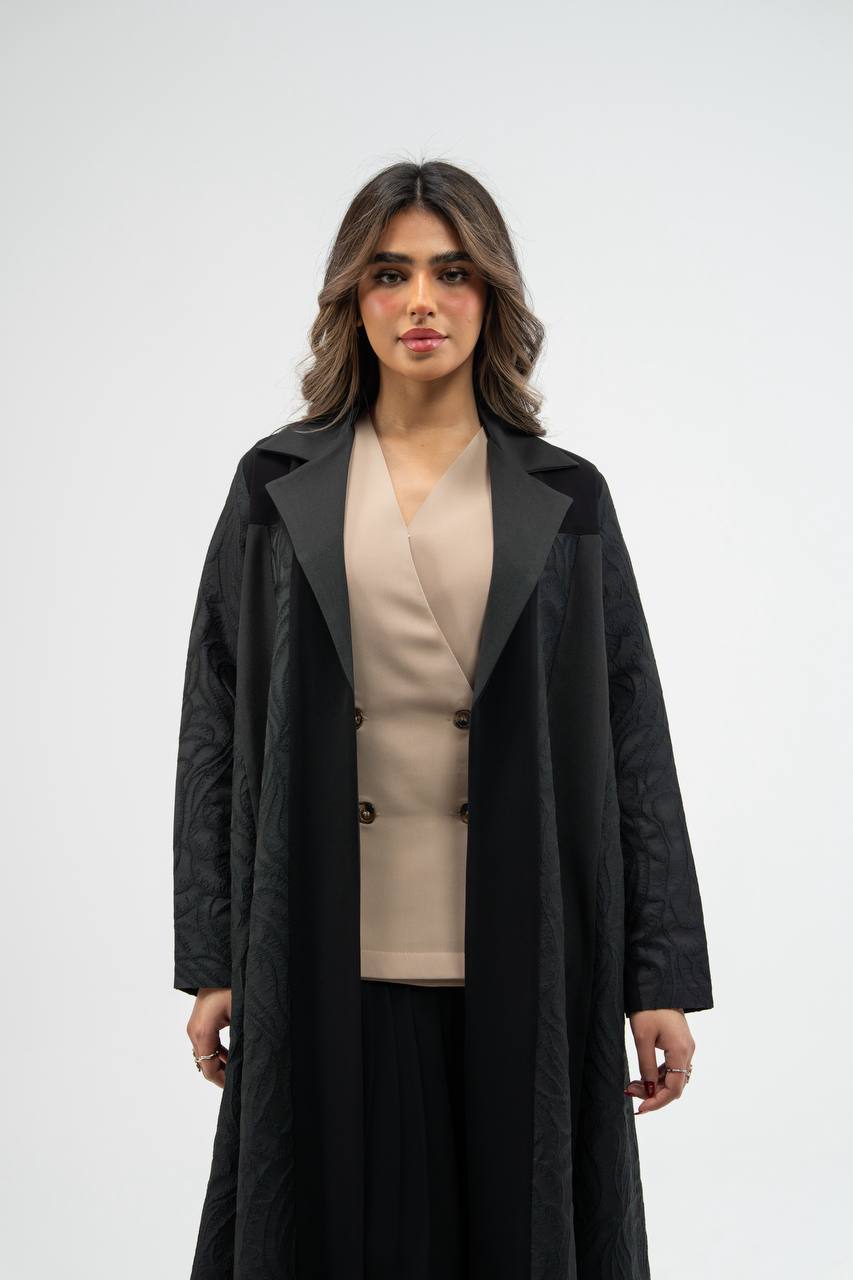 Black crepe abaya with jacquard detailing