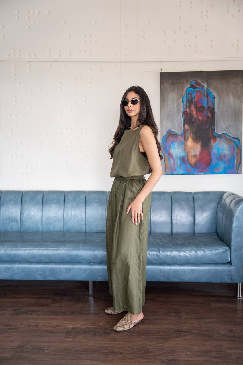 Green linen blouse and pants set