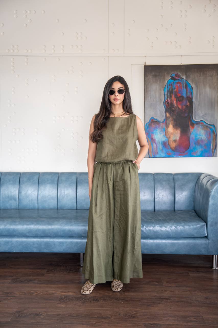 Green linen blouse and pants set