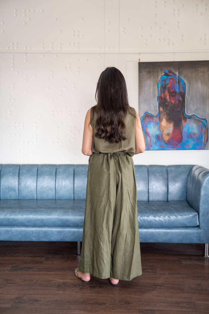 Green linen blouse and pants set