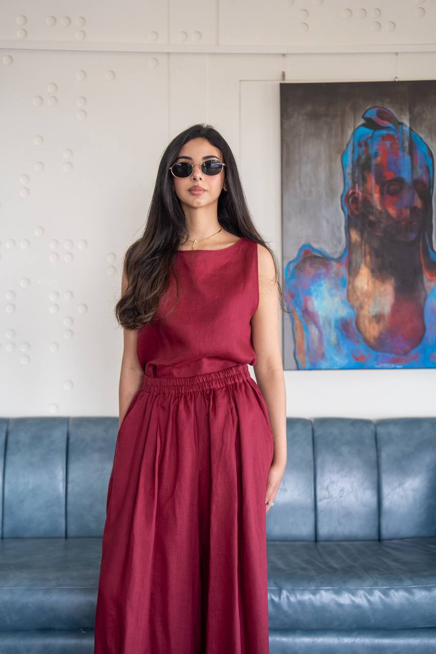 Red linen blouse and pants set