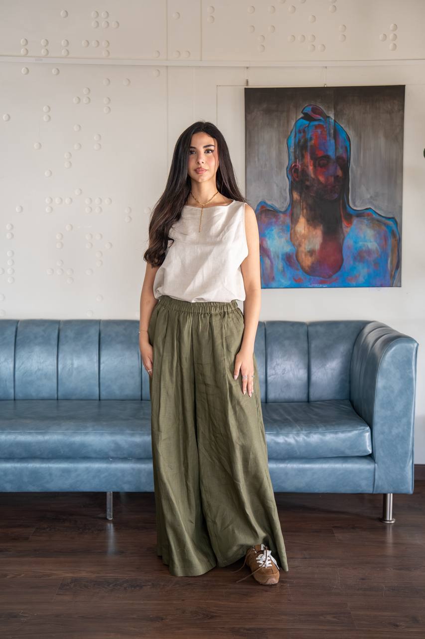 Beige blouse and green pants set in linen fabric